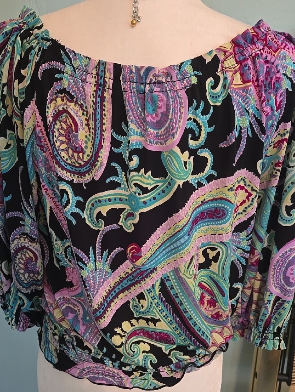 INC International Concepts Off-Shoulder Paisley Blouse in Black, Teal & Purple - Picture 5 of 6